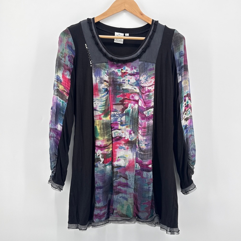 Parsley & Sage XL Abstract Art Tunic Top Rhinestone Stud Detail Boho Lagenlook